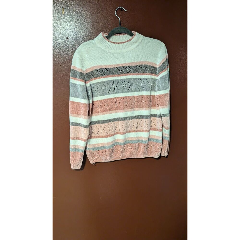 Alfred Dunner Pink Gray Striped Pearl Pointelle Sweater Small Grandmillennial